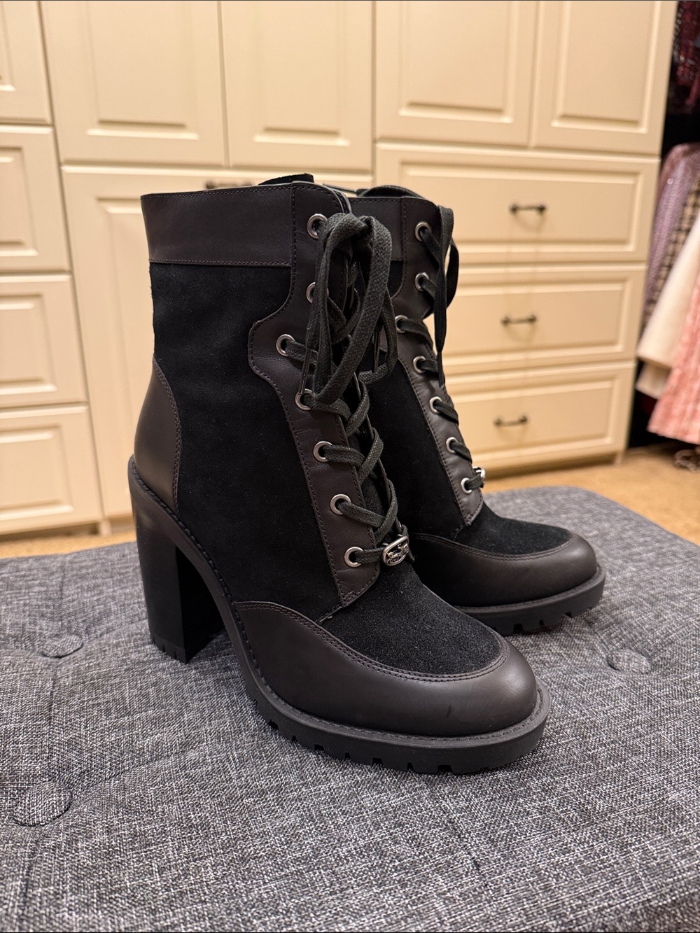Coach Black Lace-Up Block Heel Ankle Boots